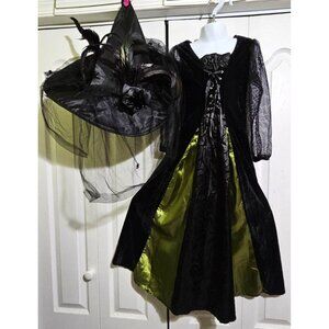 Goth Maiden Witch Costume Girl 4-6 Victorian Velvet Dress Feathered Deluxe Hat